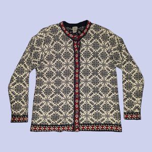 L.L. Bean | Women's Vintage Nordic Fair Isle Cardigan Pewter Button Cream XL-Reg